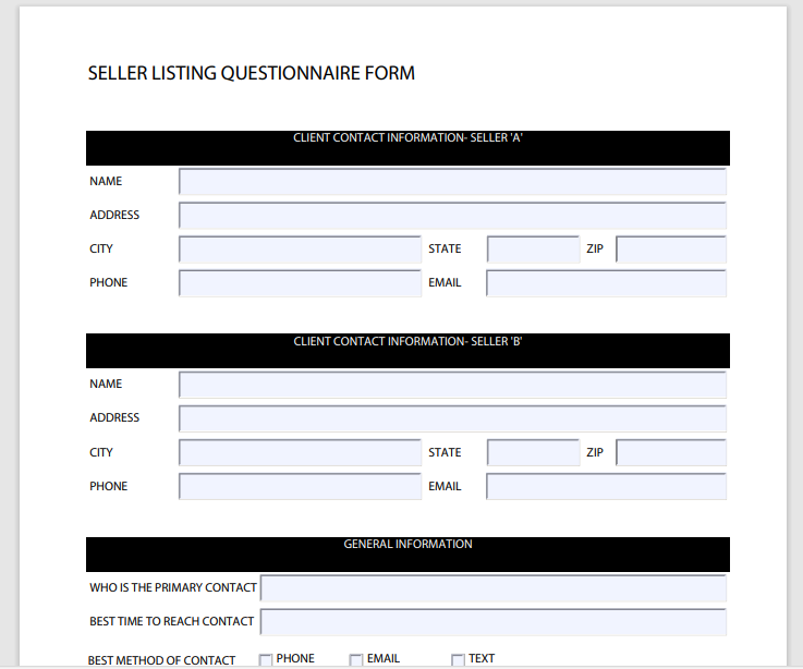 Seller Questionnaire Fillable PDF
